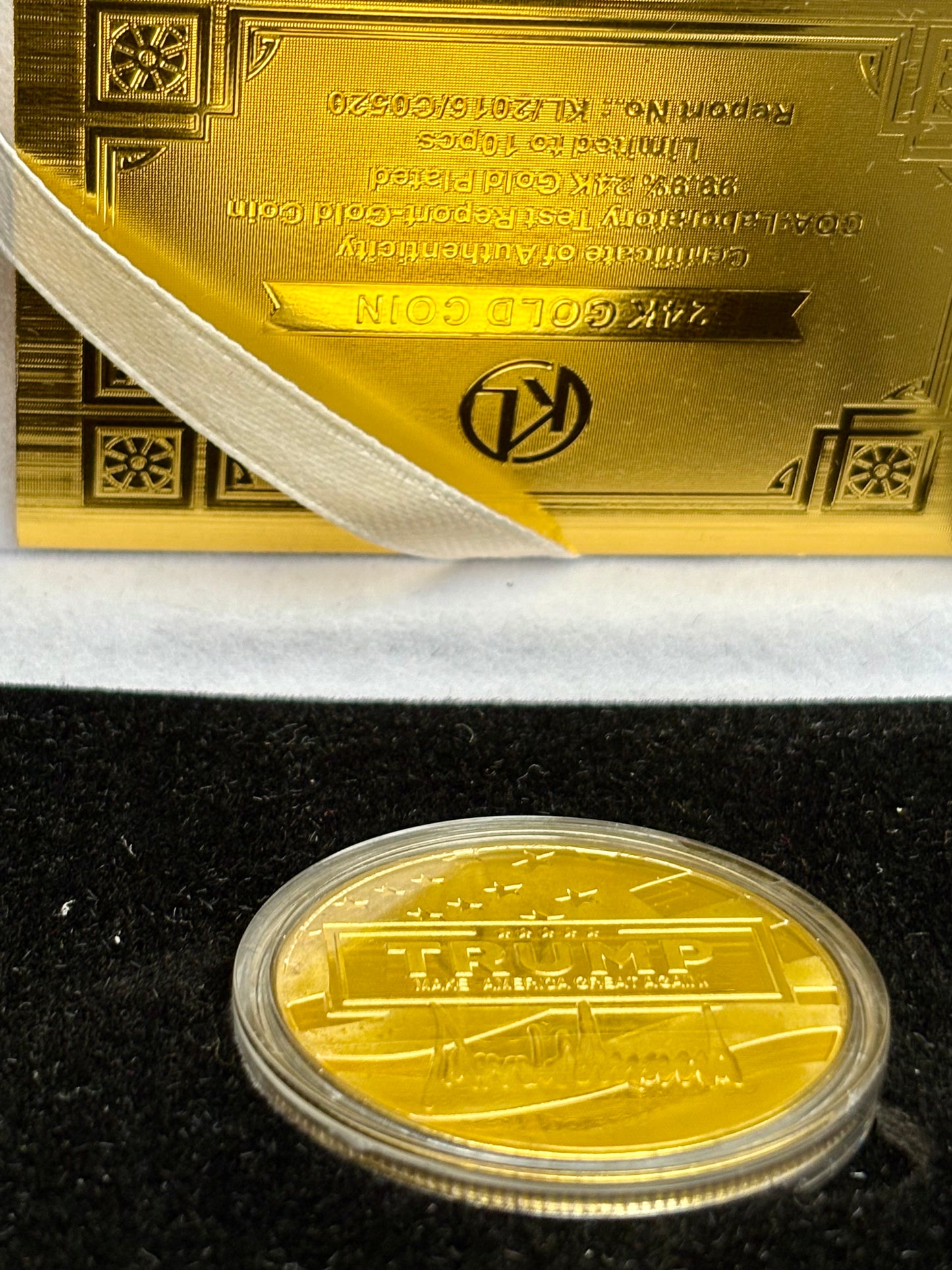 Limited edition collectible coin plated in 24k gold, featuring former President Donald Trump