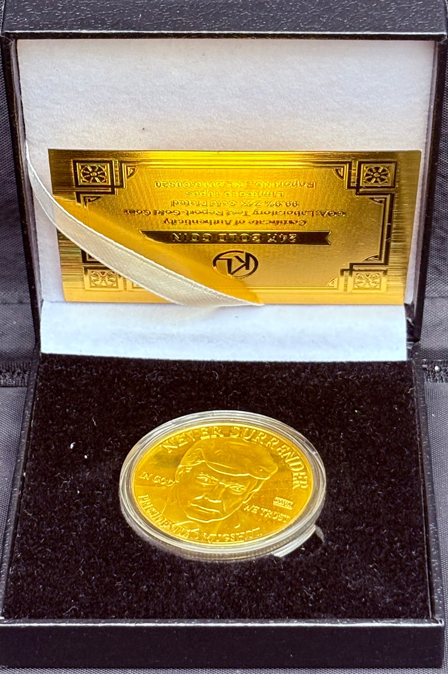 Limited edition collectible coin plated in 24k gold, featuring former President Donald Trump